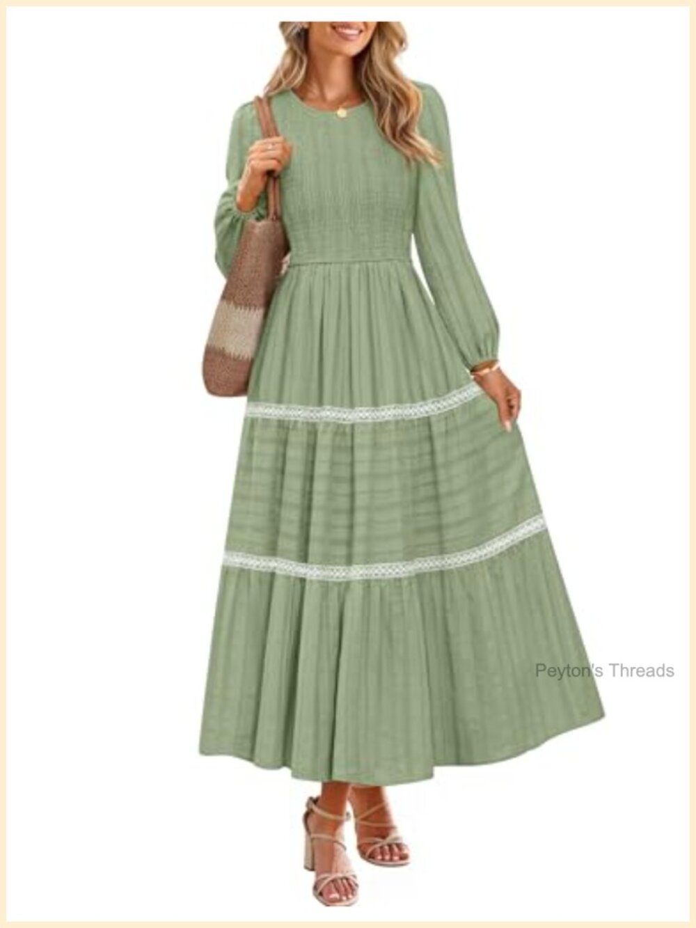 Long Sleeve Maxi Dress Crew Neck A-Line High Waist Tiered Casual